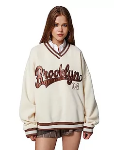 Koton Damska bluza oversized College Printed V Neck Embroidered, beżowy (063), m - Bluzy damskie - miniaturka - grafika 1