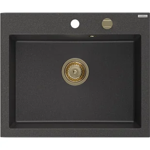 Mexen Elix zlewozmywak granitowy 1-komorowy 600 x 500 mm, czarny nakrapiany, syfon złoty - 6525601005-76-G - Zlewozmywaki - miniaturka - grafika 1