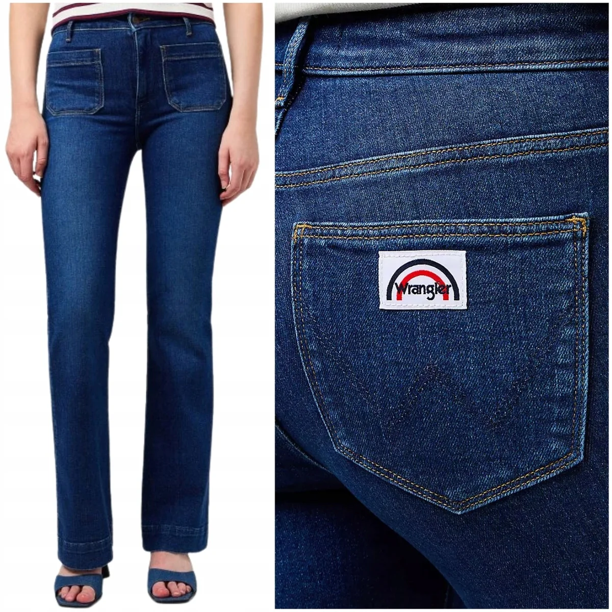 Wrangler Flare Dark Wash granatowe damskie spodnie jeansowe dzwony W26 L30