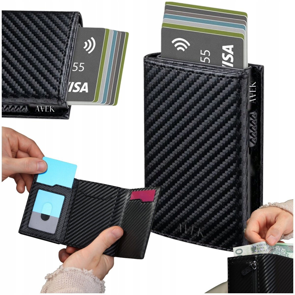 PORTFEL ETUI NA KARTY MĘSKI WALLET CZARNY CARBON CARBONOWY OCHRONA RFID / AVEK