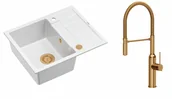 Zlewozmywaki z baterią - Quadron Unique Zlewozmywak granitowy jednokomorowy 62*50*22 cm z ociekaczem MORGAN 116 SNOW WHITE z syfonem Push-2-Open w kolorze miedzianym z baterią MARILYN Q LINE z ruchomą wylewką kolor miedziany - miniaturka - grafika 1