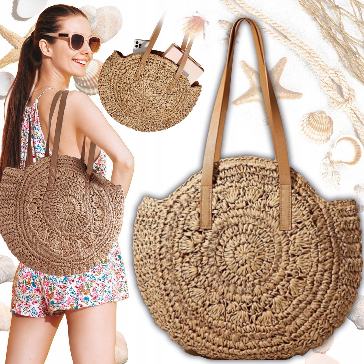 TORBA PLAŻOWA BOHO SŁOMIANA MIEJSKA SHOPPERKA NA PLAŻĘ NA ZAKUPY DUŻA