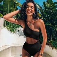 Stroje kąpielowe - Jednoczęściowy strój kąpielowy na jedno ramię - Czarny L - miniaturka - grafika 1