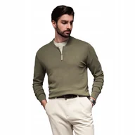 Swetry męskie - Sweter męski z wiskozą i rozpinanym dekoltem oliwkowy OM-SWZS-0124 V1 r XXL - miniaturka - grafika 1