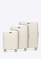 Walizki - Zestaw walizek z polikarbonu w poziome żebrowanie kremowy - miniaturka - grafika 1