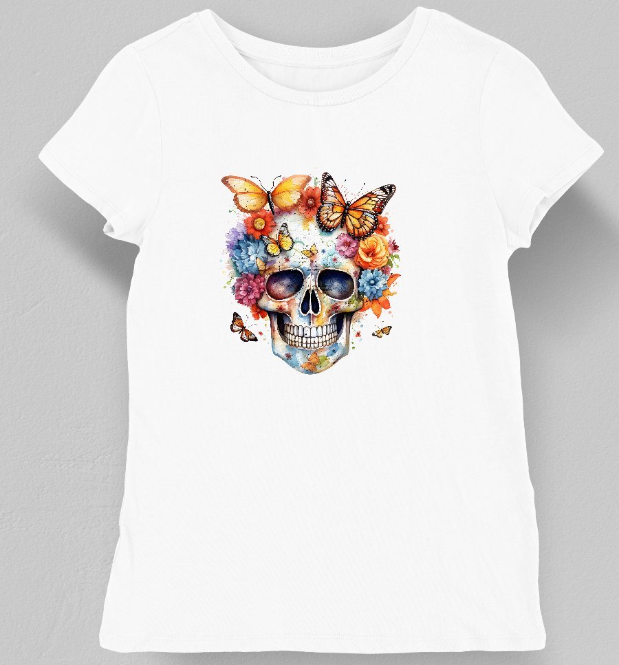 Koszulka damska z motywem czaszki i kwiatowej korony biała M