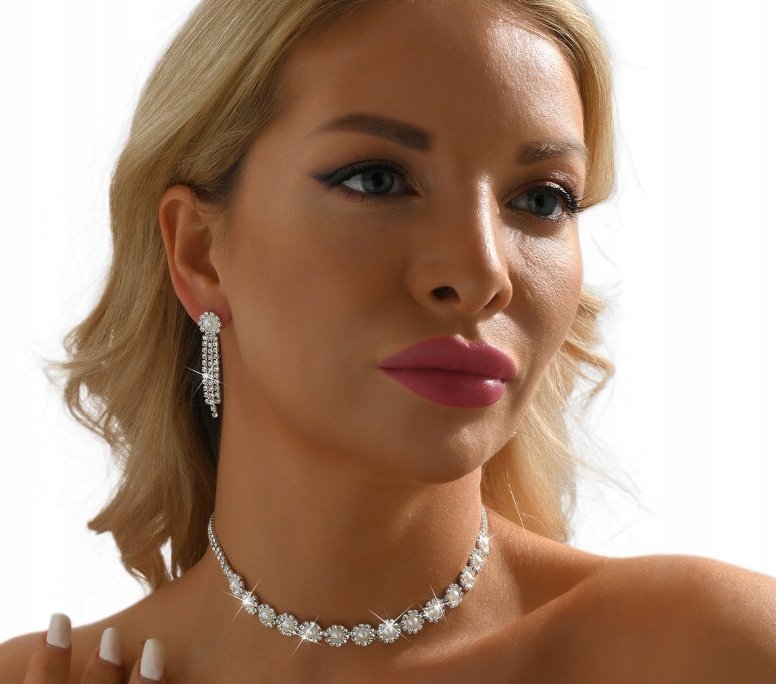 Komplet Srebrnej Biżuterii Kolczyki Naszyjnik Ślubny Cyrkonie Elegancki B2