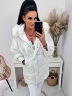 Kurtki damskie - Zimowa holograficzna kurtka Karina z kapturem i białym futerkiem -białe holo - ETNEE - miniaturka - grafika 1