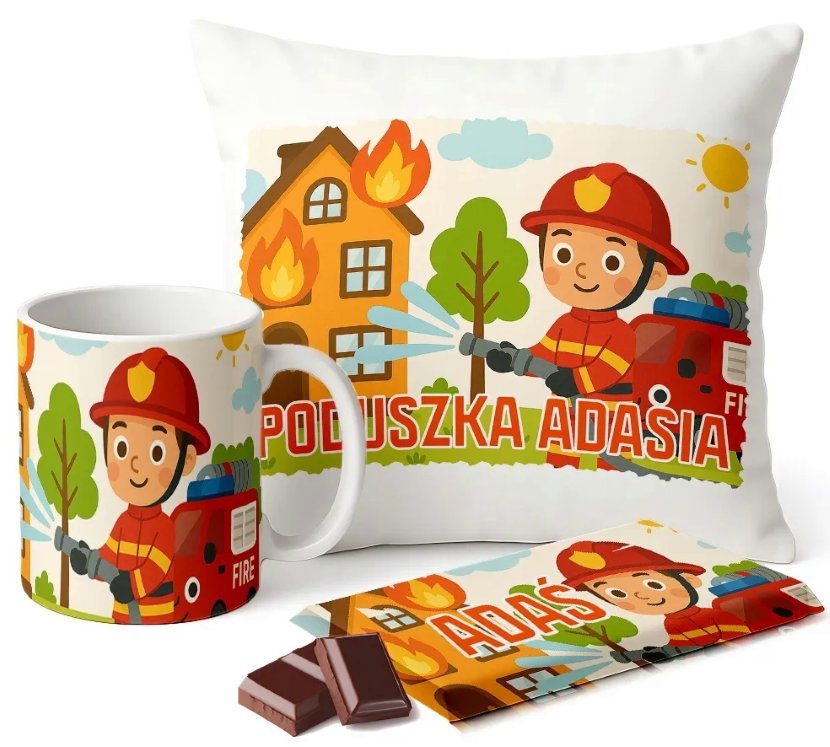 Zestaw Kubek Poduszka Czekolada z Imieniem Strażak Firefighter Prezent