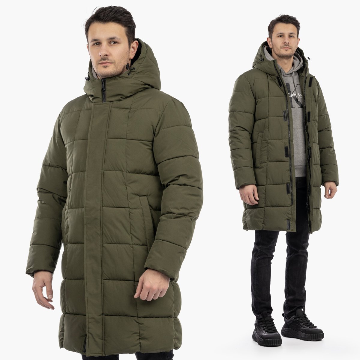 Kurtka Męska Zimowa Pikowana Długa Wodoodporna Z Kapturem Khaki L Khaki