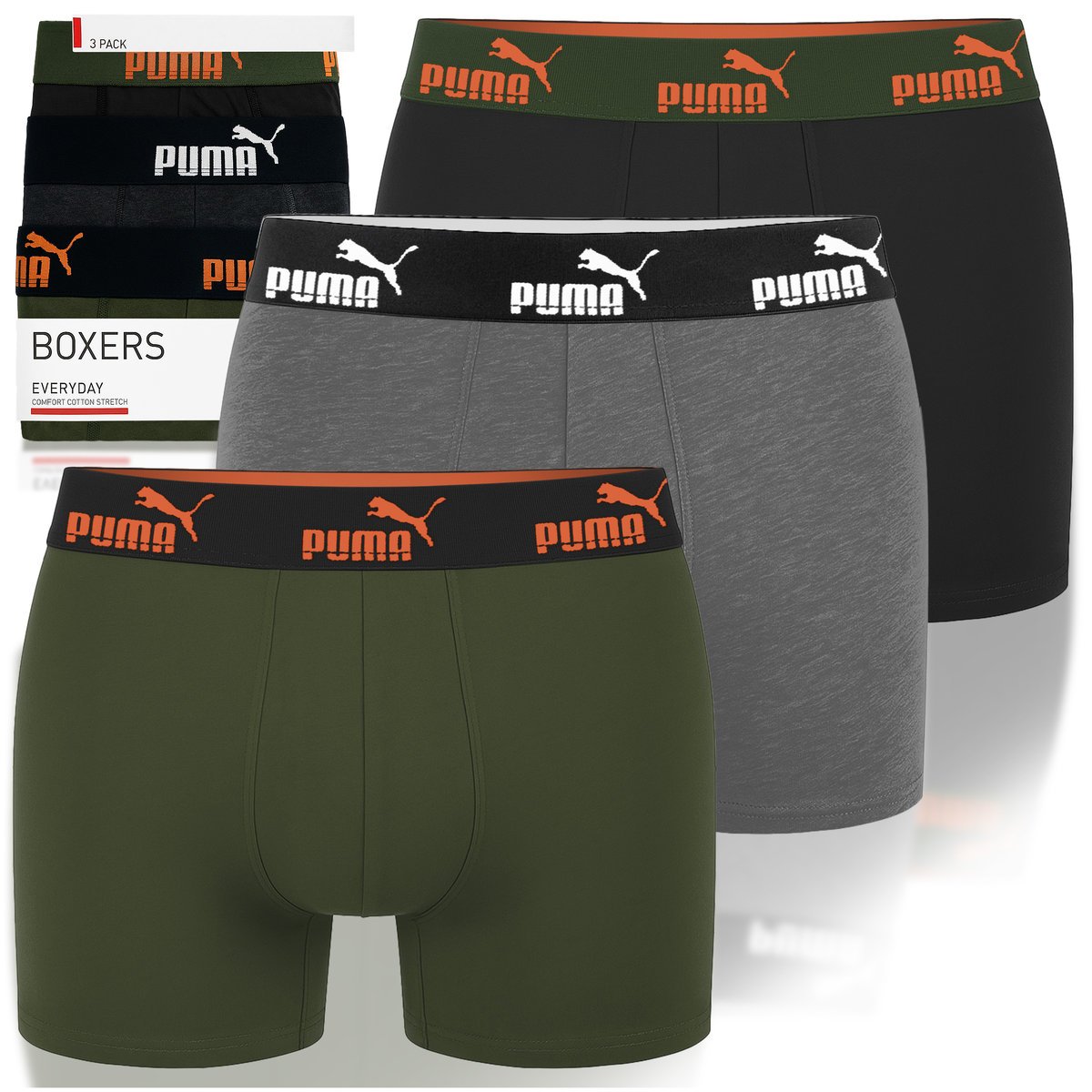 Puma Bokserki Męskie Khaki Orange Bawełna 3 Pak Rozmiar M