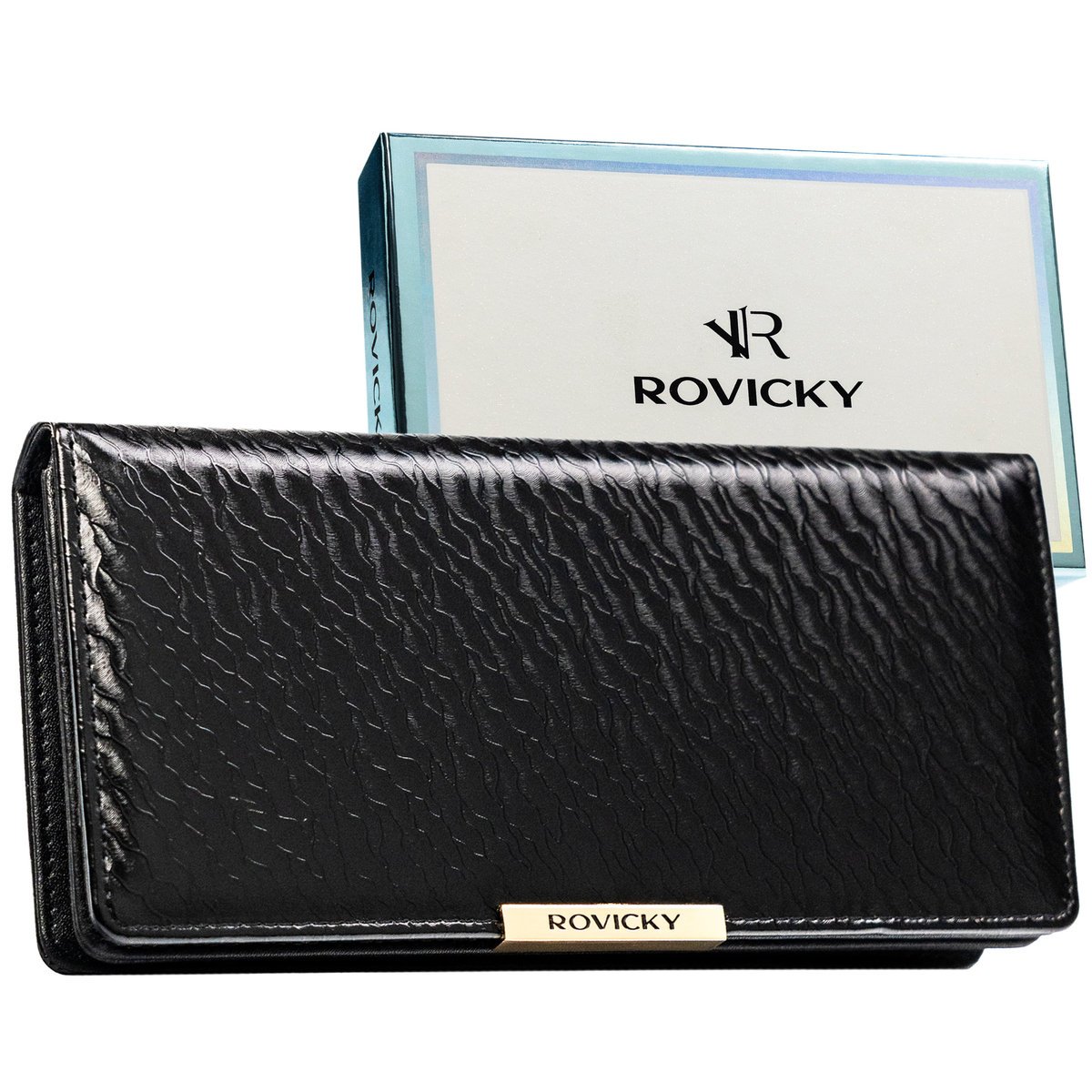 Duży portfel damski ROVICKY elegancki na zatrzask i suwak rozbudowany ochrona kart RFID czarny