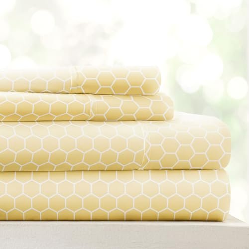 Becky Cameron Printed Honeycomb Patterned Quality 4 Piece Sheet Set, Full, Yellow