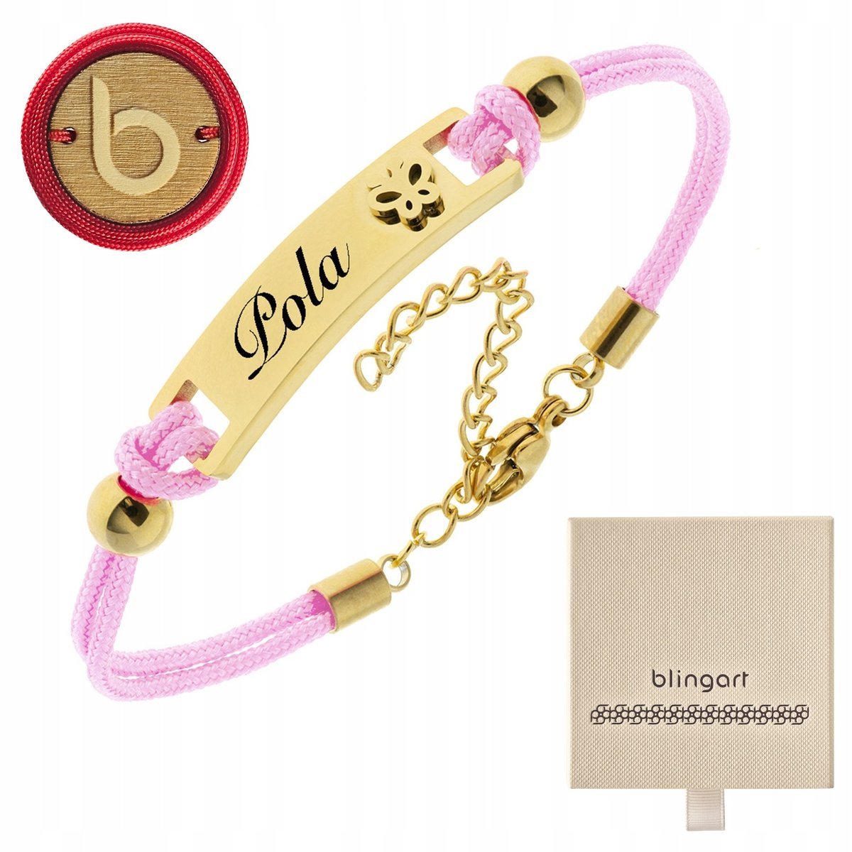 Bransoletka dla dziewczynki z GRAWEREM różowa MOTYLEK regulowana BLINGART