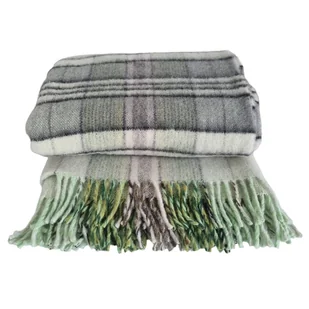 Koc wełniany z frędzlami 150x200 wełna polska krata szara pistacjowa - Koce - miniaturka - grafika 1