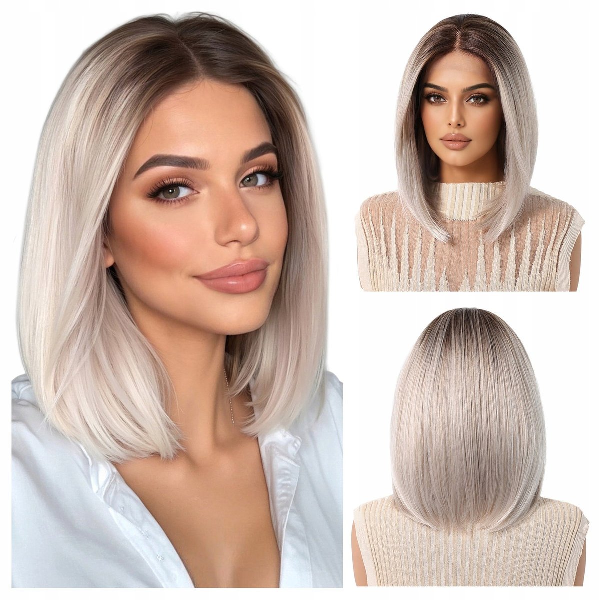 Peruka do ramion lace front platynowa prosta