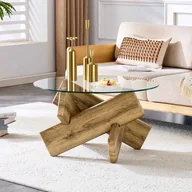 Ławy i stoliki kawowe - Okrągły, wielokolorowy stolik kawowy, płyta MDF i szkło hartowane, 79 cm, kreatywna drewniana rama, nowoczesny i elegancki design - miniaturka - grafika 1