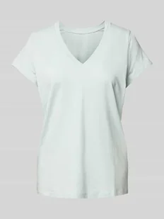 T-shirt z prążkowanym dekoltem w serek - Koszulki i topy damskie - miniaturka - grafika 1