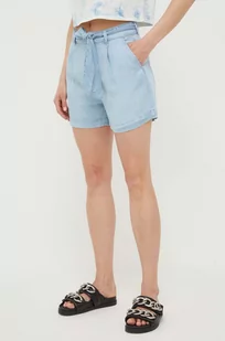 Guess szorty damskie kolor niebieski gładkie high waist - Spodenki damskie - miniaturka - grafika 1