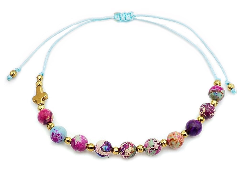 Bransoletka różaniec kamienie koraliki jaspis fioletowo niebieski