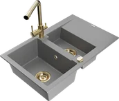 Zlewozmywaki z baterią - Mexen Gaspar zlewozmywak granitowy 1,5-komorowy z ociekaczem i baterią kuchenną Duero, szary - 6507-71-671600-50 - miniaturka - grafika 1