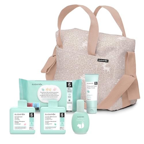 Suavinex, Torba do wózka dla niemowląt z kosmetykami: żel Syndet szampon 300 ml + balsam nawilżający 300 ml + maść na pieluchy 50 ml + Baby Cologne 100 ml + chusteczki 60 szt. Prezent dla noworodka,