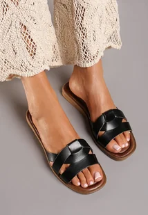 Czarne Klasyczne Skórzane Klapki na Płaskiej Podeszwie Dimittra - Klapki i japonki damskie - miniaturka - grafika 1