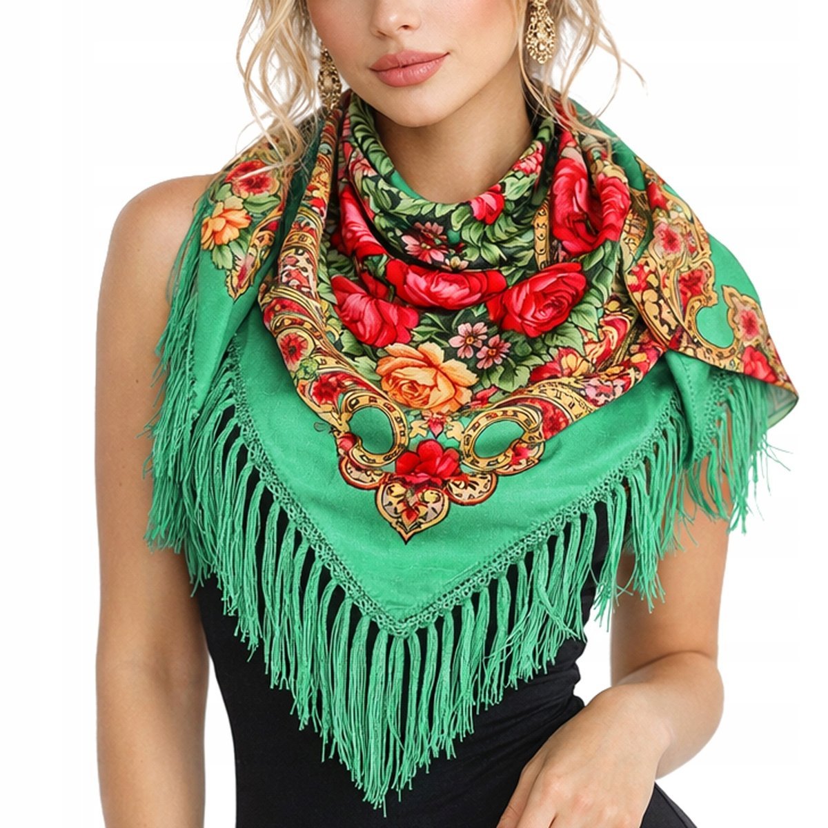 CHUSTA DAMSKA SZAL SZALIK W KWIATY HIGHLAND GREEN