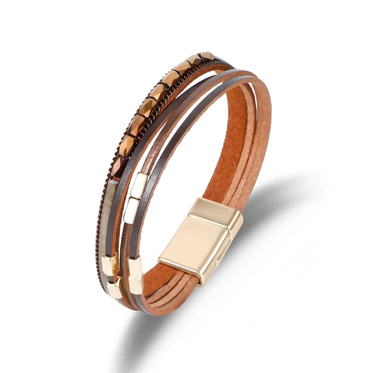 Bransoletka boho damska brązowa z błyszczącymi zdobieniami i złotymi akcentami