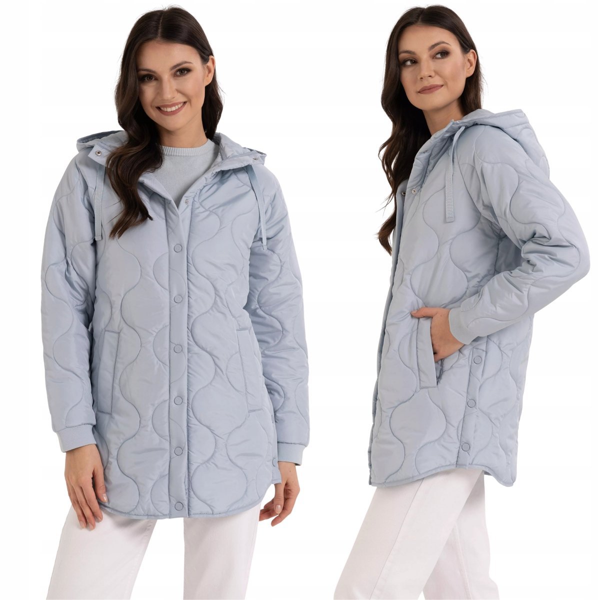 MODNA KURTKA DAMSKA DŁUGA PIKOWANA ZAPINANA KAPTUR JESIEŃ ZIMA MORAJ 4XL BLUE