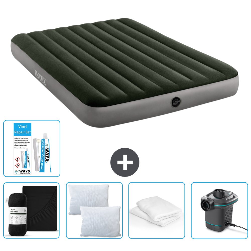 Dmuchane łóżko Intex - 2 osoby - 152 x 203 x 25 cm - zielone - w zestawie prześcieradło - buziak - pompka - zestaw naprawczy en ochraniacz na poduszkę