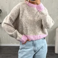 Swetry damskie - TEMU Sweter damski w paski z okrągłym dekoltem - luźny krój, kolorowe akcenty różu, miękki i ciepły na jesień/zimę, uniwersalna warstwowa podstawka - miniaturka - grafika 1