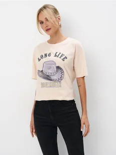 Mohito - T-shirt z nadrukiem - beżowy - Koszulki i topy damskie - miniaturka - grafika 1