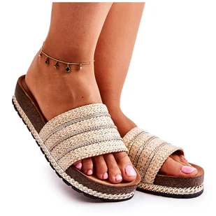 S.Barski Damskie Klasyczne Klapki Z Łańcuszkiem Beżowe Maddy beżowy - Klapki i japonki damskie - miniaturka - grafika 1