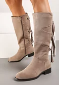 Kozaki damskie - Ciemnobeżowe Ekozamszowe Kozaki z Cholewką Ozdobioną Frędzlami Realenna - Renee - miniaturka - grafika 1