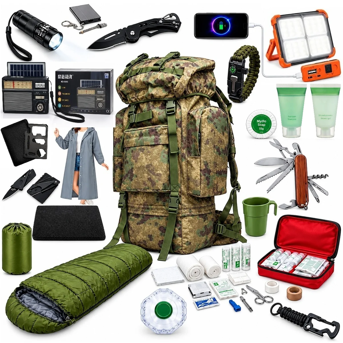 Plecak Ewakuacyjny z Powerbank 65L Z Wyposażeniem Przetrwania Survivalowy Militarny Radio Apteczka