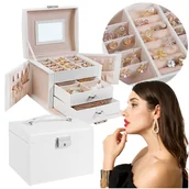 Pudełka i szkatułki - Biała Duża szkatułka na biżuterie Organizer Kuferek Pudełko z lusterkiem - miniaturka - grafika 1