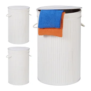 relaxdays 3 x bambusowy kosz na pranie z pokrywą biały - Kosze na bieliznę - miniaturka - grafika 1