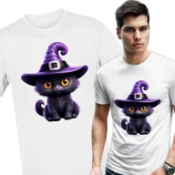 Koszulki męskie - Koszulka męska Fioletowy Czarny Kot Wiedźma Czarownica Halloween S - miniaturka - grafika 1