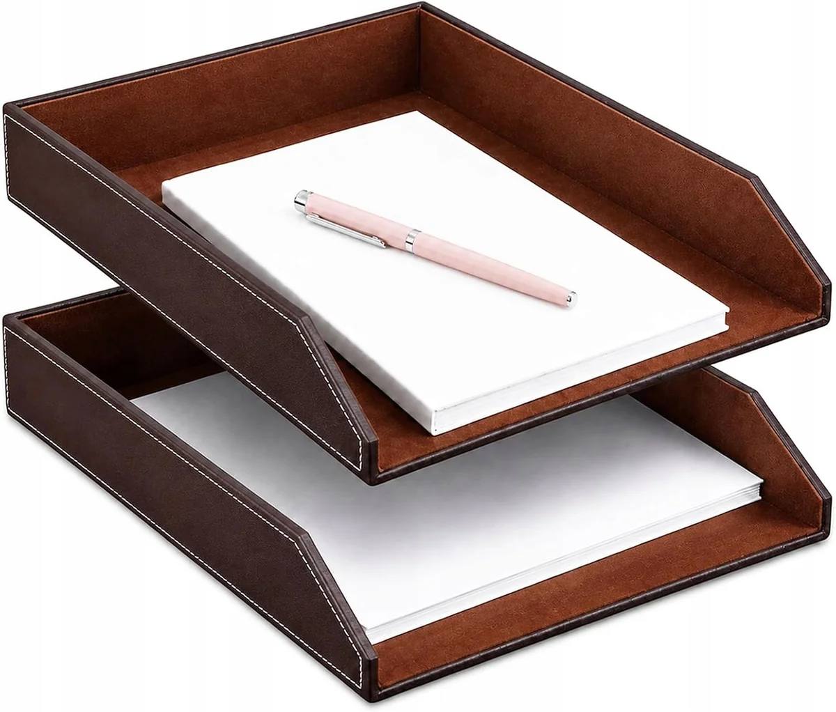PÓŁKA 2 SZTUKI A4 SKÓRA PU STOSOWALNA ORGANIZER DOKUMENTY PAPIER BRĄZOWA
