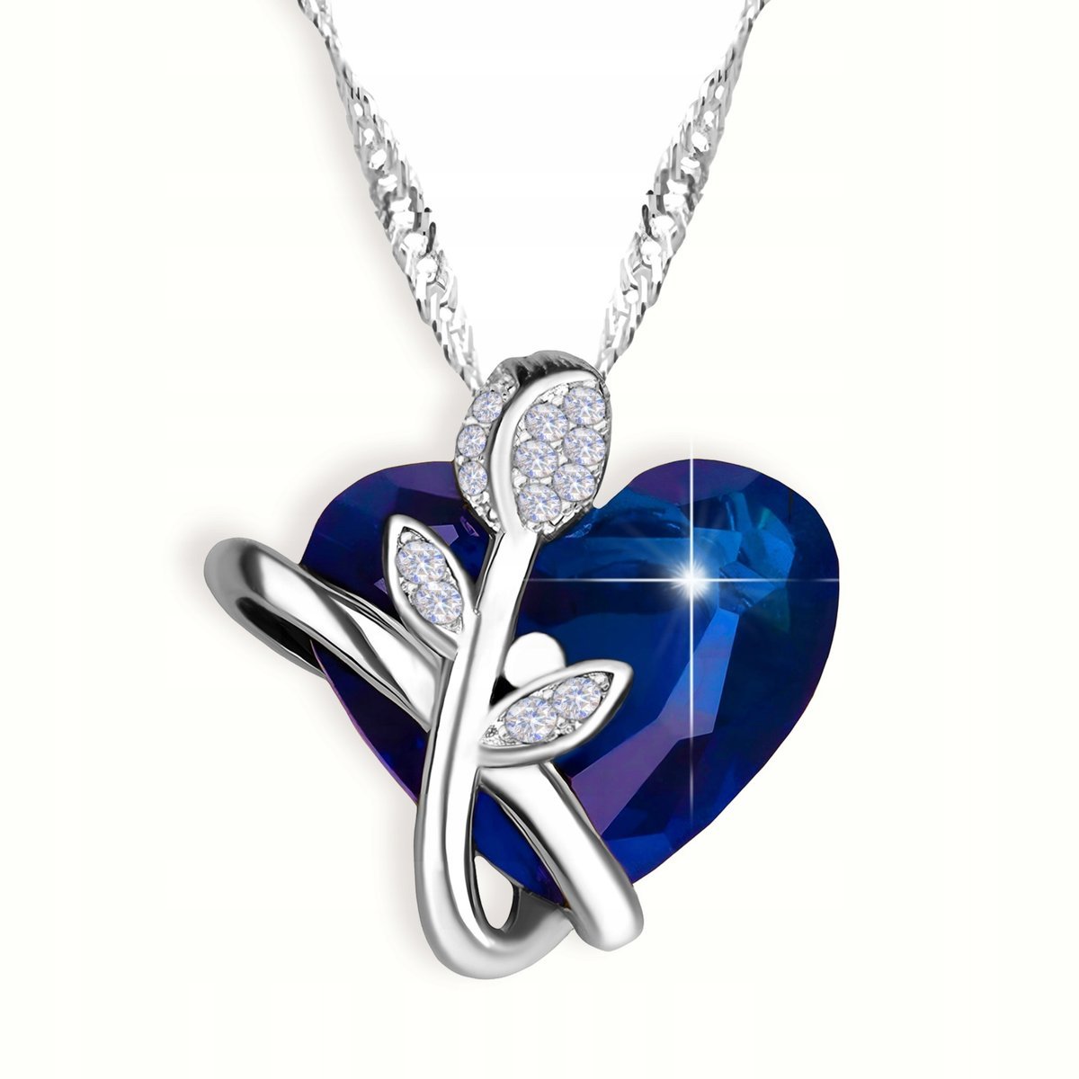 Naszyjnik Srebrny Kryształowe Serce z Różą Serduszko Róża SREBRO 925