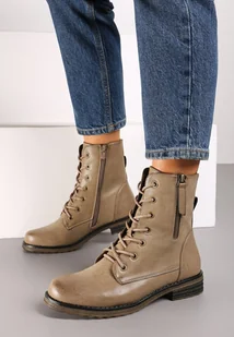 Ciemnobeżowe Płaskie Botki w Stylu Workerów ze Sznurowaniem z Ozdobnym Suwakiem Tarlina - Botki damskie - miniaturka - grafika 1