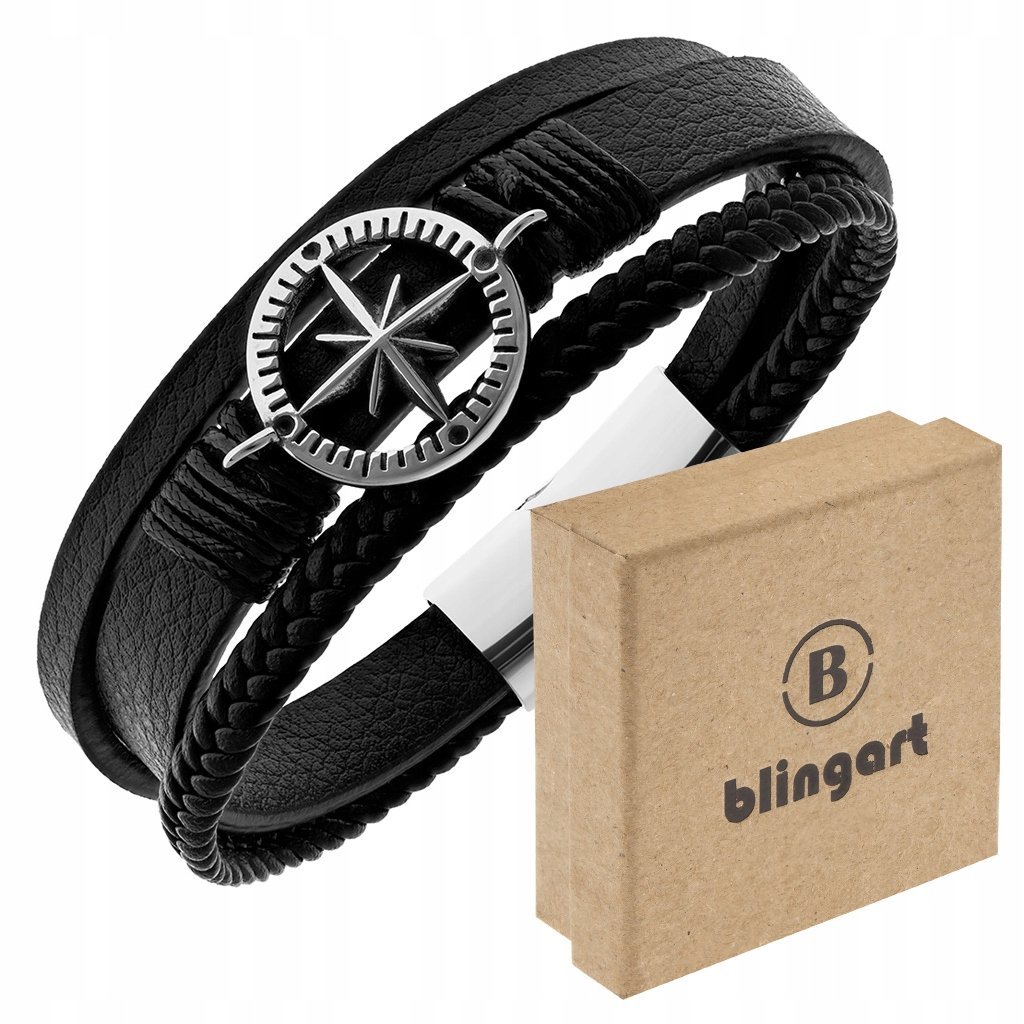 Bransoletka męska SKÓRZANA czarna róża wiatrów ze stali 316L BLINGART