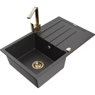 Mexen Bruno zlewozmywak granitowy 1-komorowy z ociekaczem i baterią kuchenną Rita, czarny nakrapiany - Zlewozmywaki z baterią - miniaturka - grafika 1