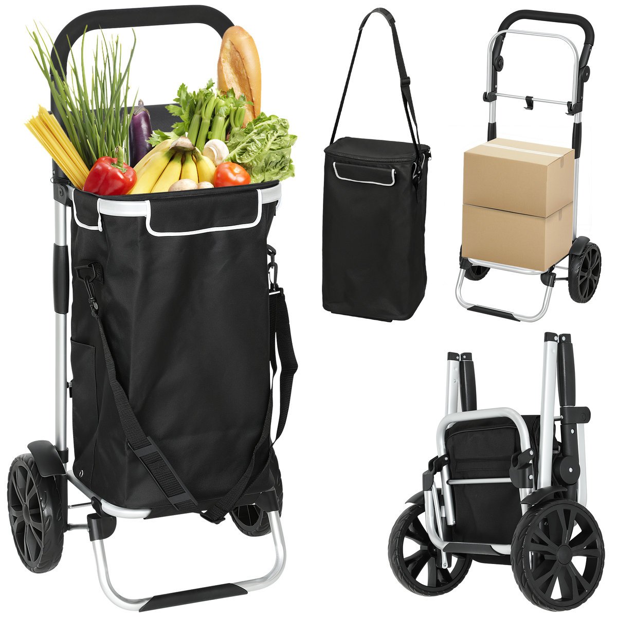 Wózek sklepowy HOMCOM 3 w 1 składany o pojemności 40 l, ładowność do 25 kg, wózek sklepowy z chłodziarką, wózek ręczny, torba na ramię, wózek schodo..