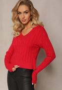 Swetry damskie - Czerwony Sweter z Dekoltem w Serek i Warkoczykowym Splotem Silmirra - miniaturka - grafika 1