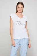 Koszulki i topy damskie - Bawełniany t-shirt z cekinowym napisem - Monnari - miniaturka - grafika 1