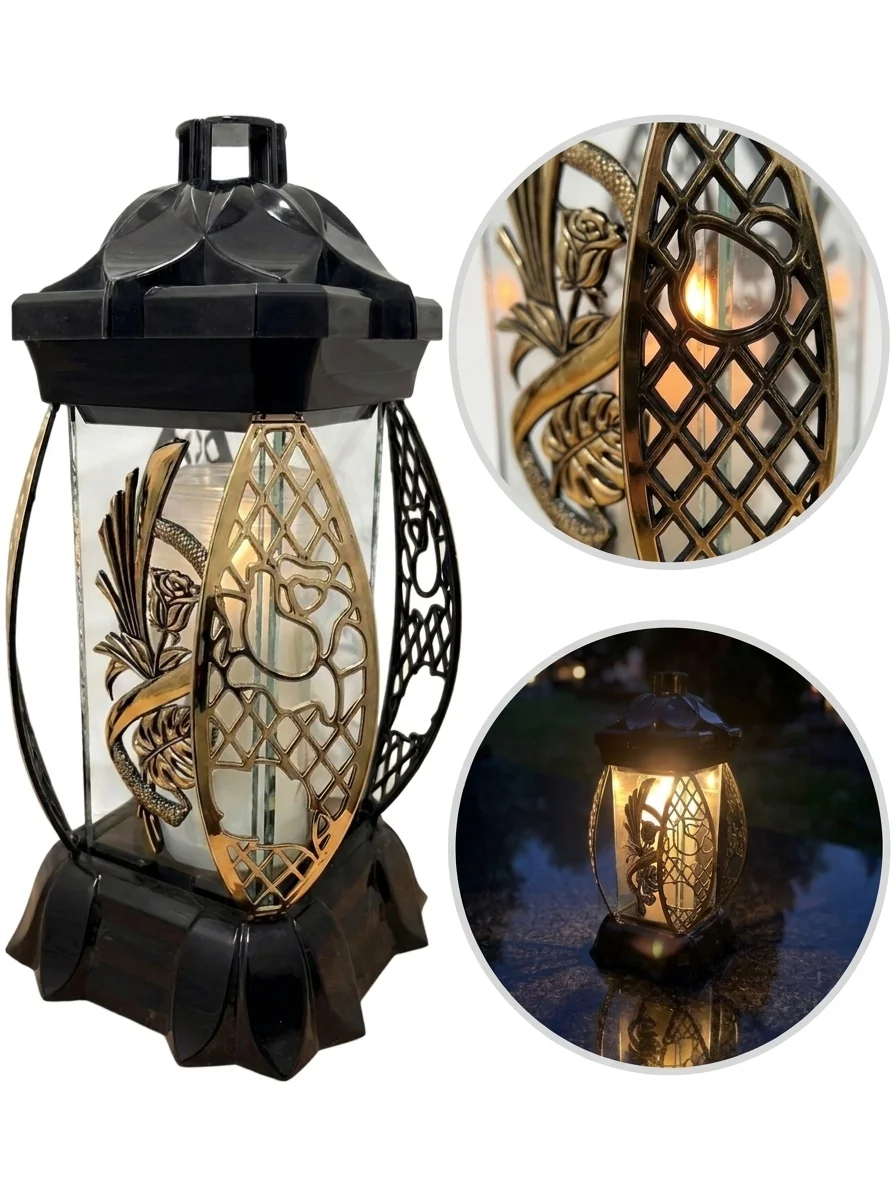 Znicz na grób cmentarz Lampion duży szklany czarny Złota Monstera 26 cm