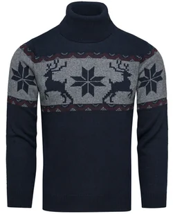 Wełniany granatowy sweter męski z golfem norweski wzór Recea - Swetry męskie - miniaturka - grafika 1
