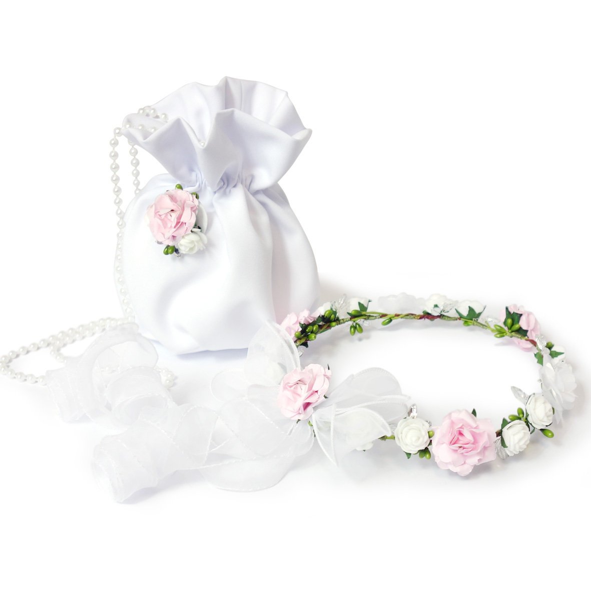Komplet Komunijny Dziewczęcy Torebka + Wianek Biały Różowe włosy I Komunia